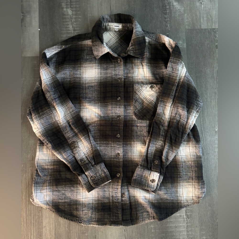 Garage  Women’s Dark Green  and White Plaid Button-Up Shirt